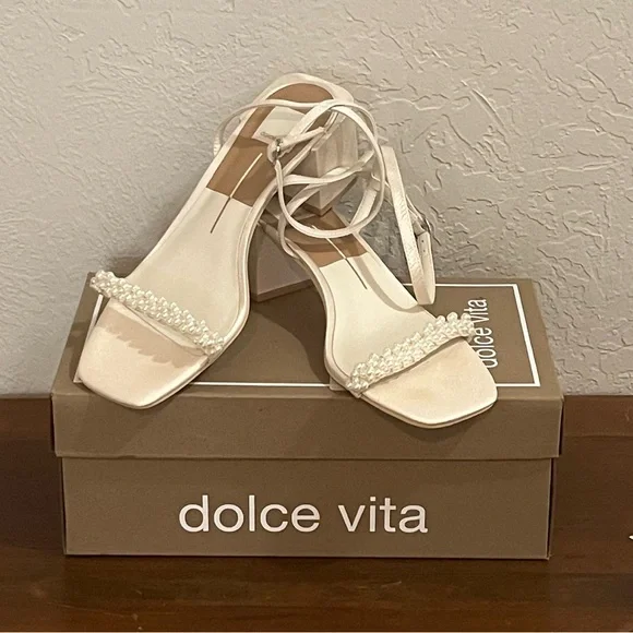 Dolce Vita Ivory Pearl-Trim Ankle Strap Block Heels - Picture 8 of 9